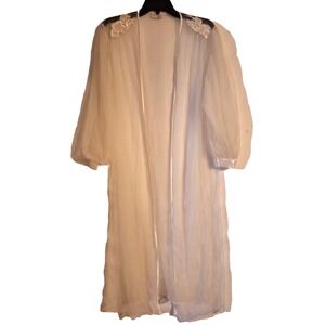 Vintage Romantic 1980's sheer silk chiffon robe floral puff sleeves off White L